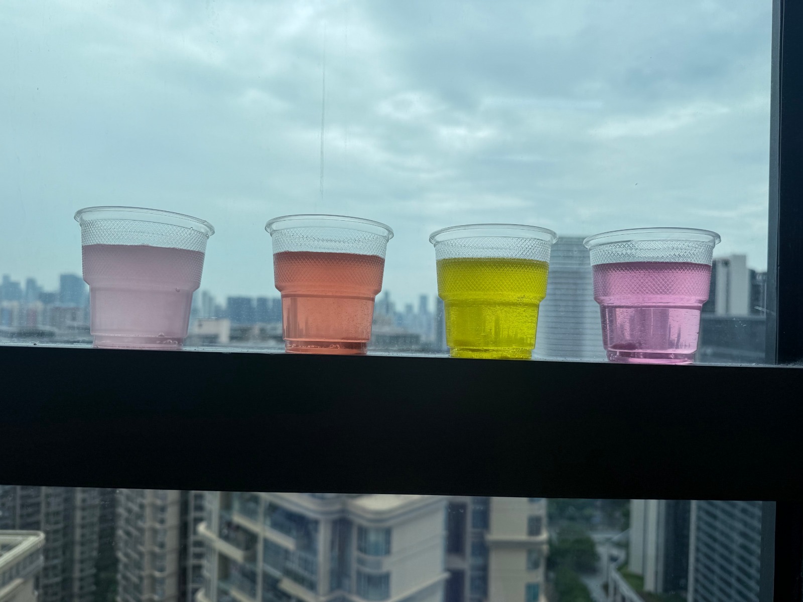 Les quatre boissons TRYP dissoutes dans des verres d'eau
